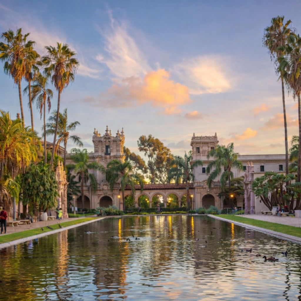 Balboa park at sunset palm trees and architecture San diego