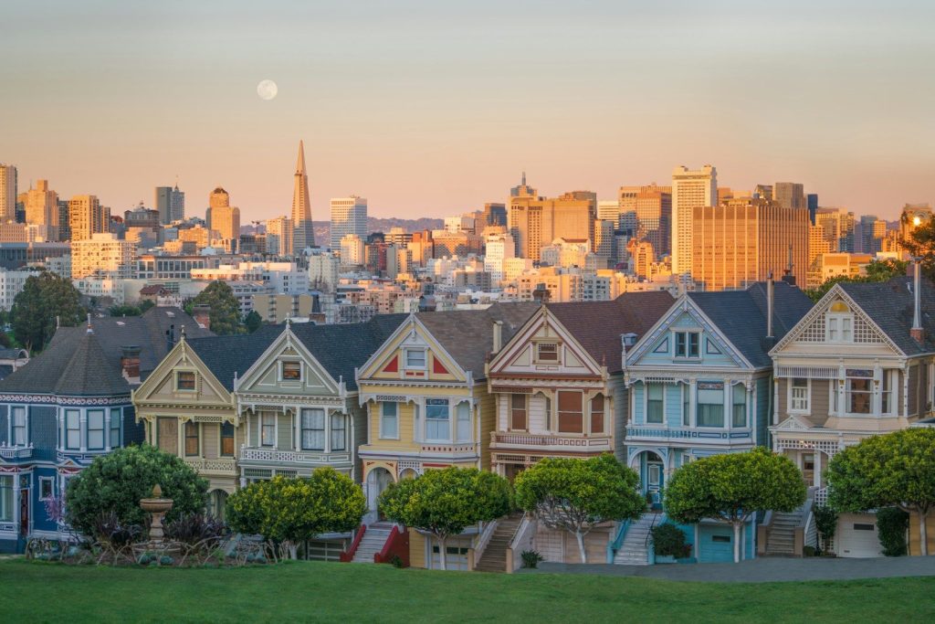 lined of white-and-blue concrete buildings painted lady houses in San Francisco