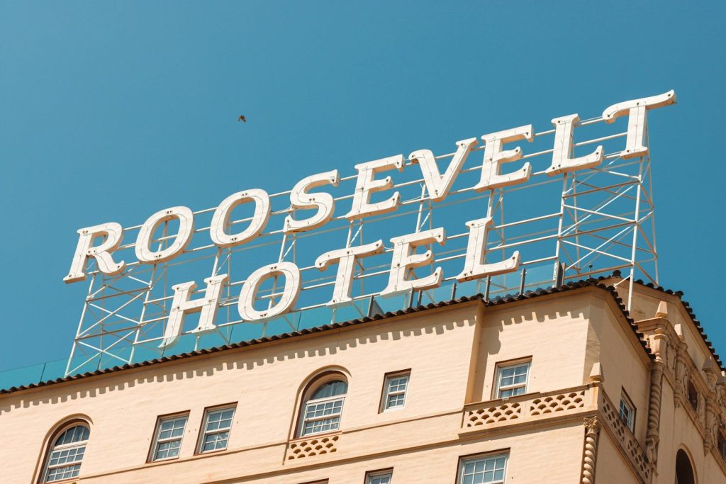 The roosevelt hotel sign against a clear blue sky. haunted Hollywood tour in Los angeles